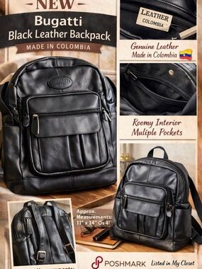 Bugatti Black Leather Backpack with Front Pocket
